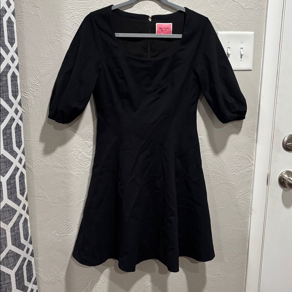 KATE SPADE Black Ponte Knit Puff Sleeve Mini Dress Flared Skirt Women's Small